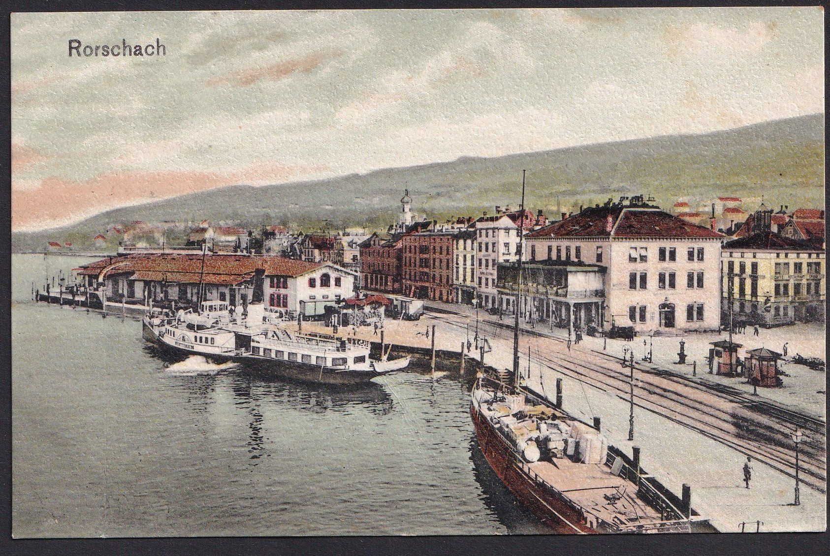 Cartoline postali: Rorschach Hafenplatz und Hafen mit Dampfschiffen – Usato da Olten venduto da clotaldi