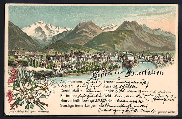 Cartoline postali: Litho Interlaken, Gesamtansicht mit Berg – Usato da Berlin venduto da bartko-reher