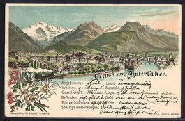 Litho Interlaken, Gesamtansicht mit Berg