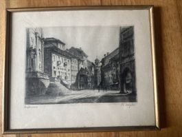 Stadtbild Radierung Heinrich Ziegler gerahmt