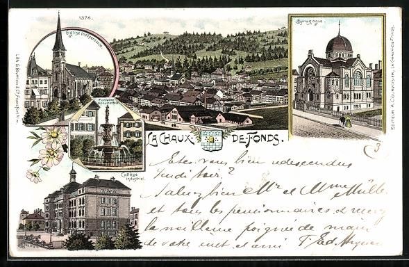Cartoline postali: Litho La Chaux-de-Fonds, Synagogue, Égl – Usato da Berlin venduto da bartko-reher