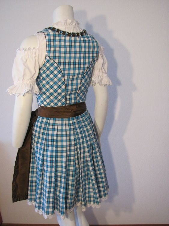 dirndl-t-rkis-weiss-karriert-mit-brauner-sch-rze-gr-36-neu-gem-ss