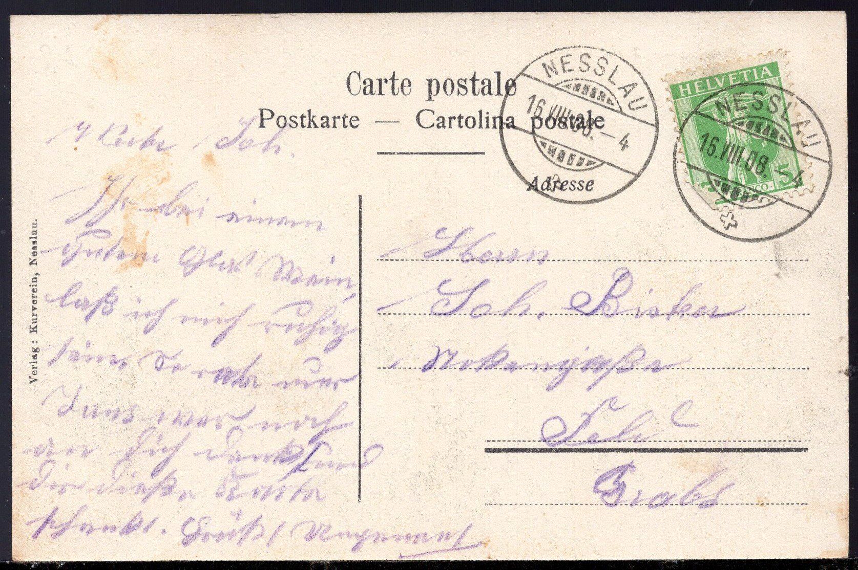 Cartoline postali: Nesslau 16.VIII.08  Dorfplatz – Usato da Aarau venduto da kufi44 2