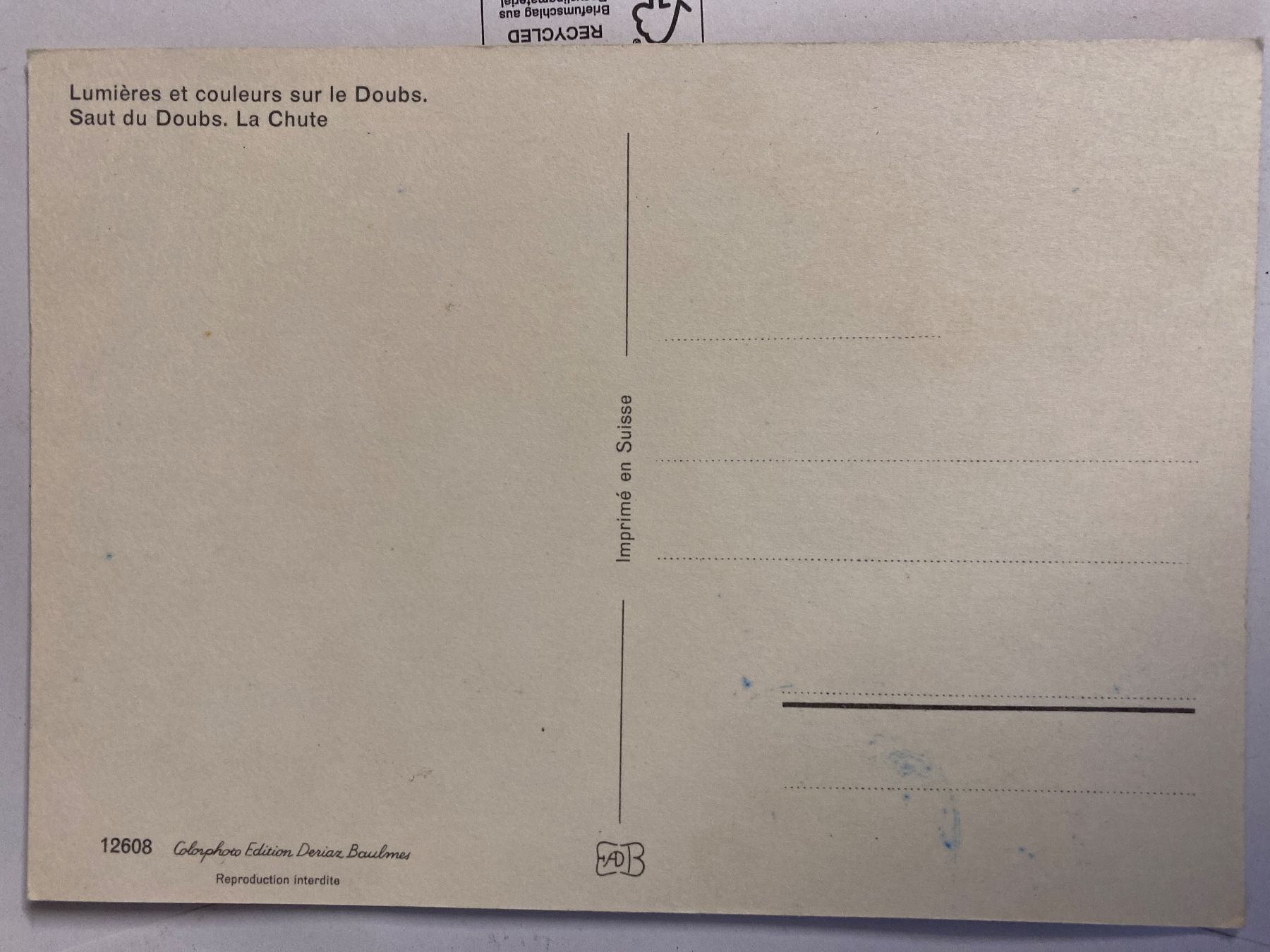 Cartoline postali: Carte postale - Saut du Doubs - Suisse – Usato da Le Brassus venduto da cinema13 1