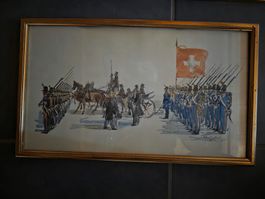 5 Militär Bilder Aquarell signiert Armee Zeichnungen