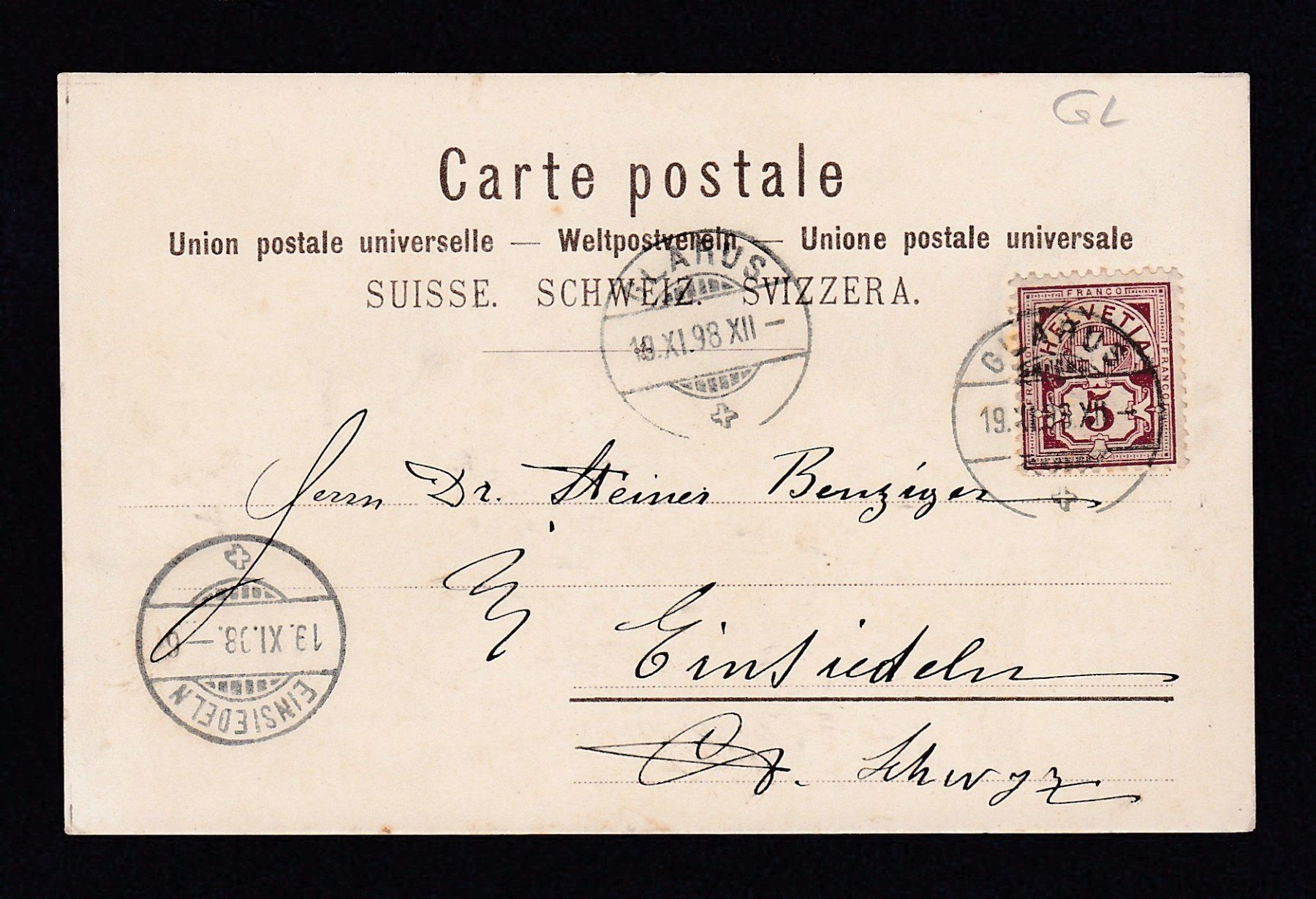 Cartoline postali: GLARUS, neue Post, 2-Bild Litho 1898 – Usato da Reiden venduto da cinfis 1