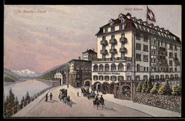 Künstler-AK St. Moritz, Hotel Albana mit Straßenpartie