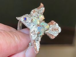 🕊️Love Peace Bird SS925 14k Rose Gold Vermeil & Opals Ring