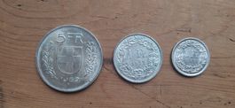 Schweizer Münzen Set Silber: 1/2 Fr. 1967, 1 Fr. 1957, 5 Fr.