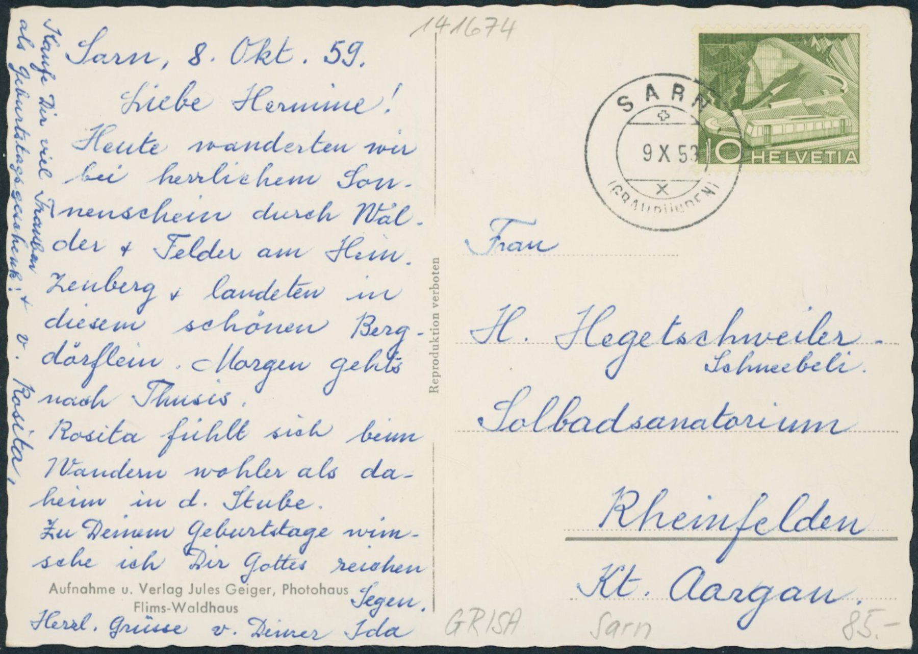 Cartoline postali: GR Sarn – Usato da Schindellegi venduto da dormay 1