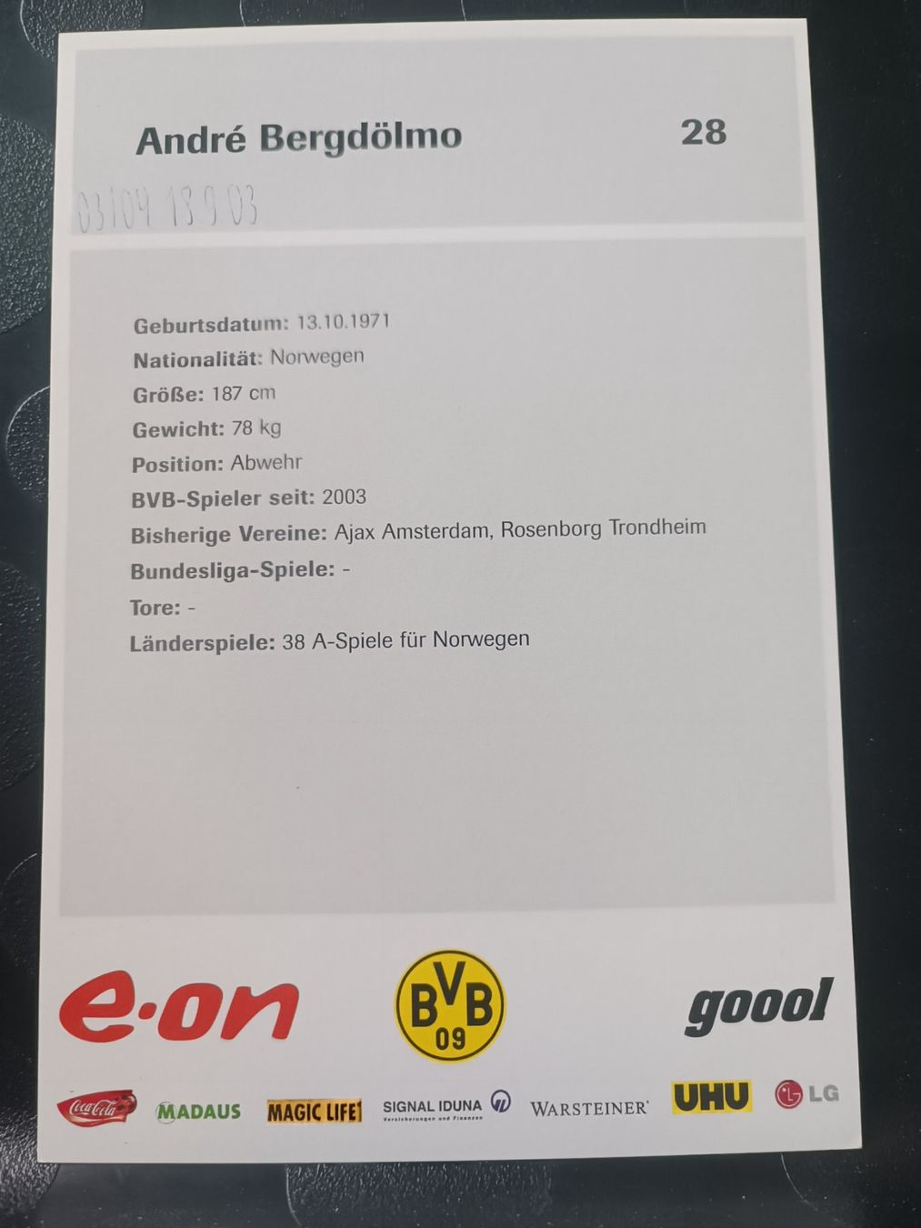 Autografi: André  Bergdölmo - BVB - Handsignierte alte Karte – Usato da Menziken venduto da Artographs 1