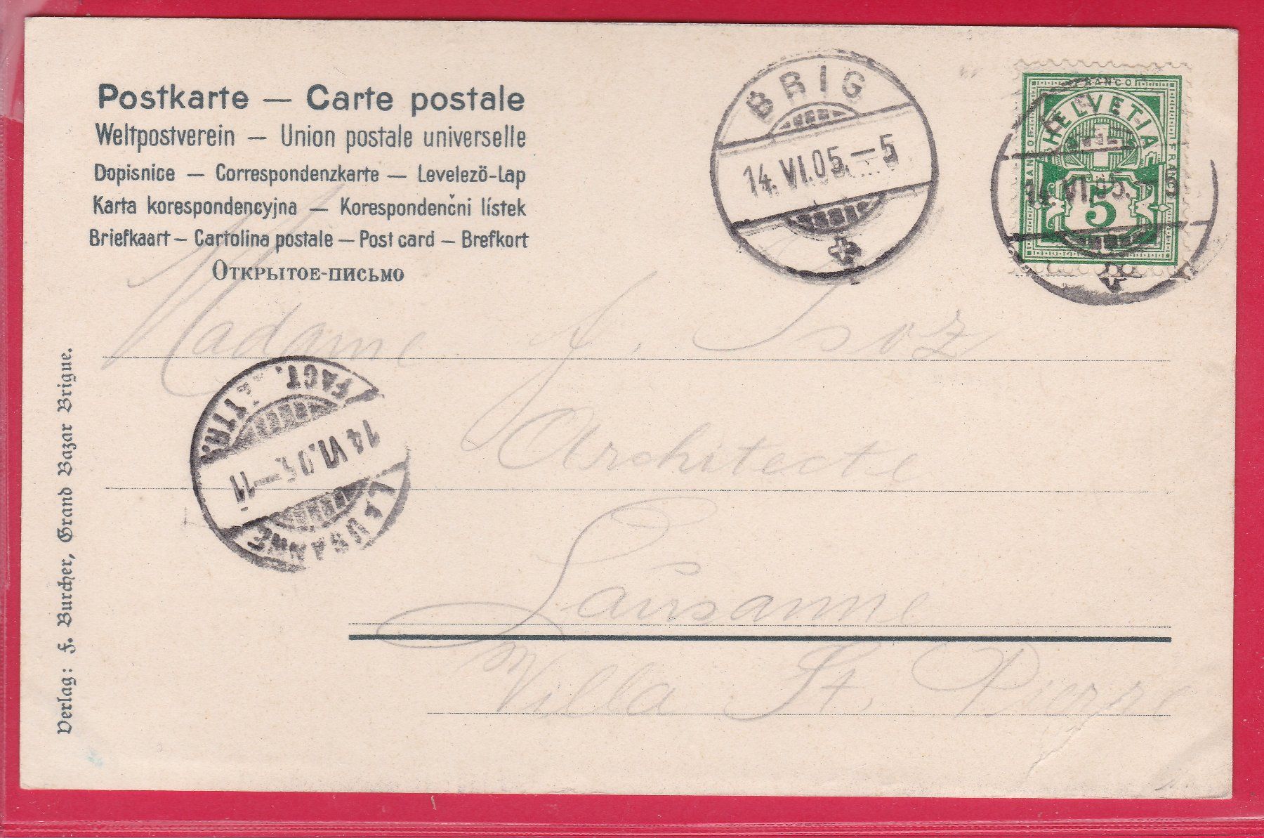 Ansichtskarten: BRIG, STOCKALPERSCHLOSS, 14.6.1905 – Gebraucht aus Oberrieden von Gebirgsstelze 1