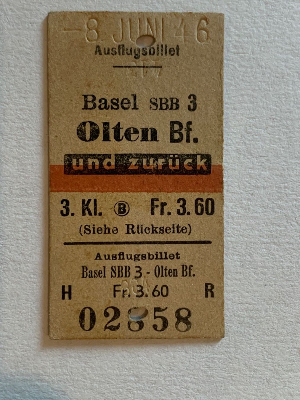 Biglietti: SBB Edmondson Karton Billett 1946 – Usato da Riehen venduto da Boeri555