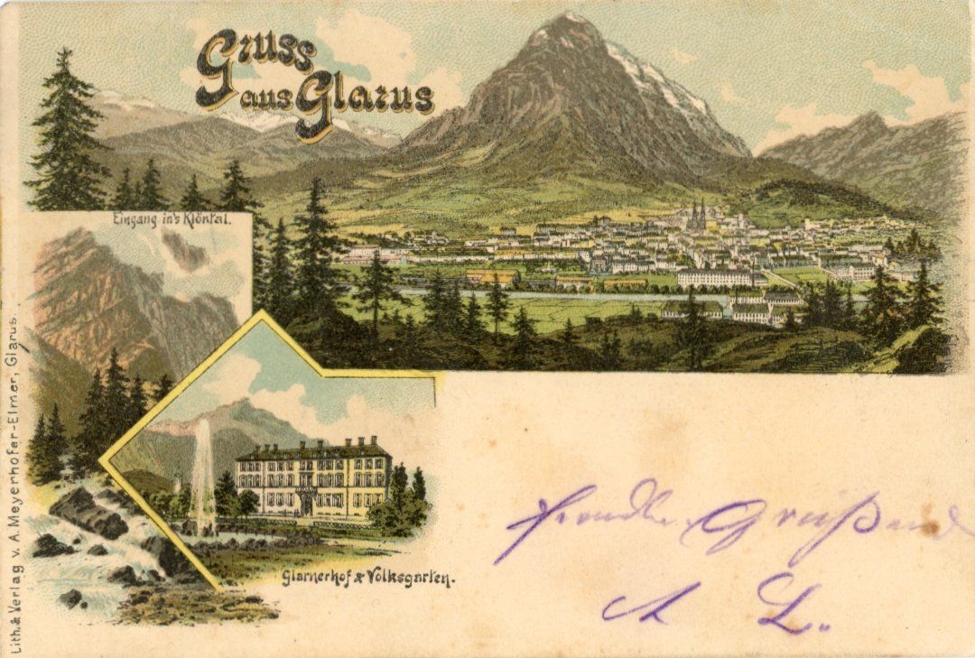 Cartoline postali: Glarus   GL    -   Glarnerhof & Volksgarten     um 1901 – Usato da Brig venduto da Valcards54