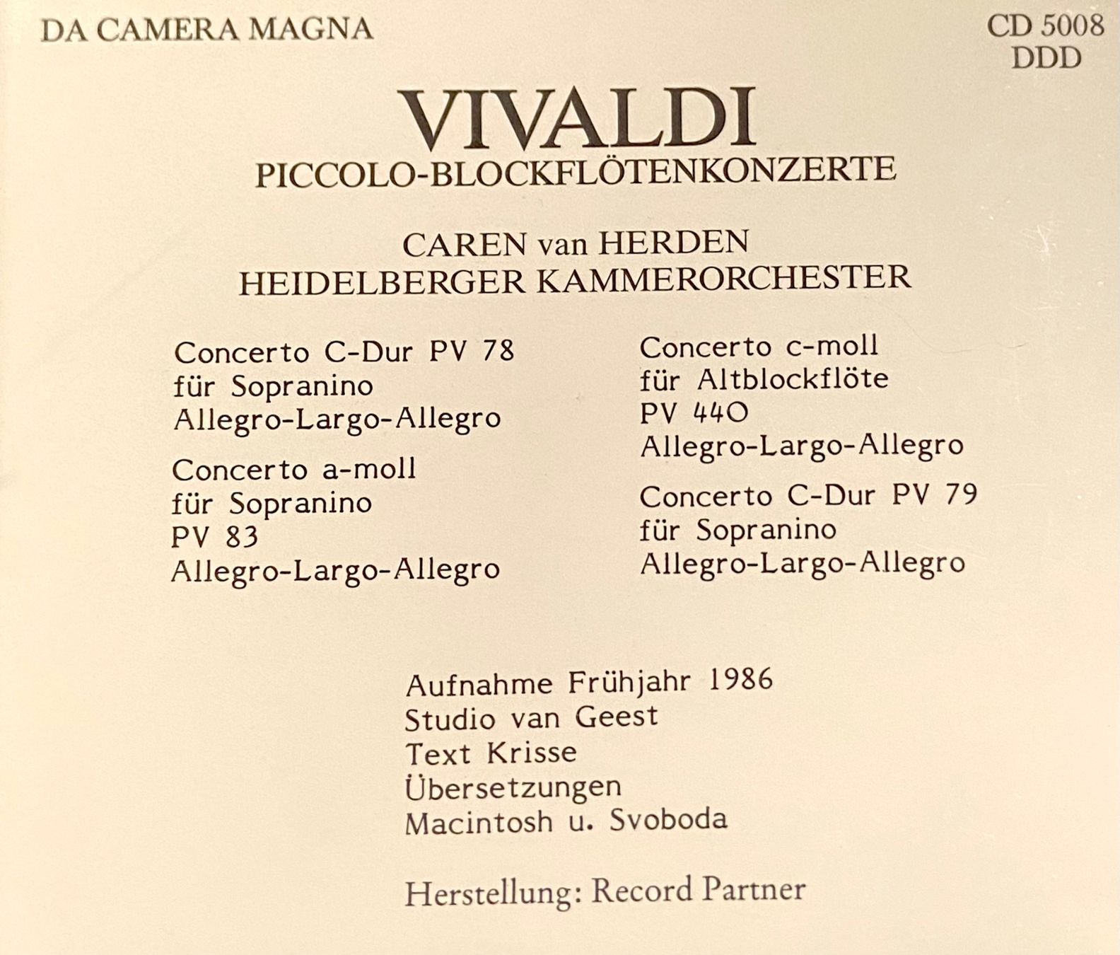CDs: Vivaldi CD Piccolo-Blockflötenkonzerte • Kammerorchester – Gebraucht aus Luzern von Lycka 1
