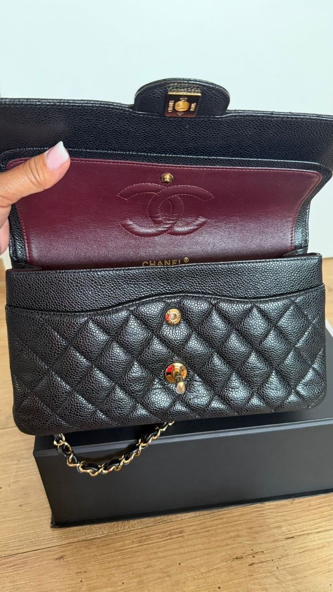 Chanel Borse da donna: Chanel Classic Timeless Medium Double Flap Black Caviar/Grai – Usato da Münchenstein venduto da watchpatrol 2