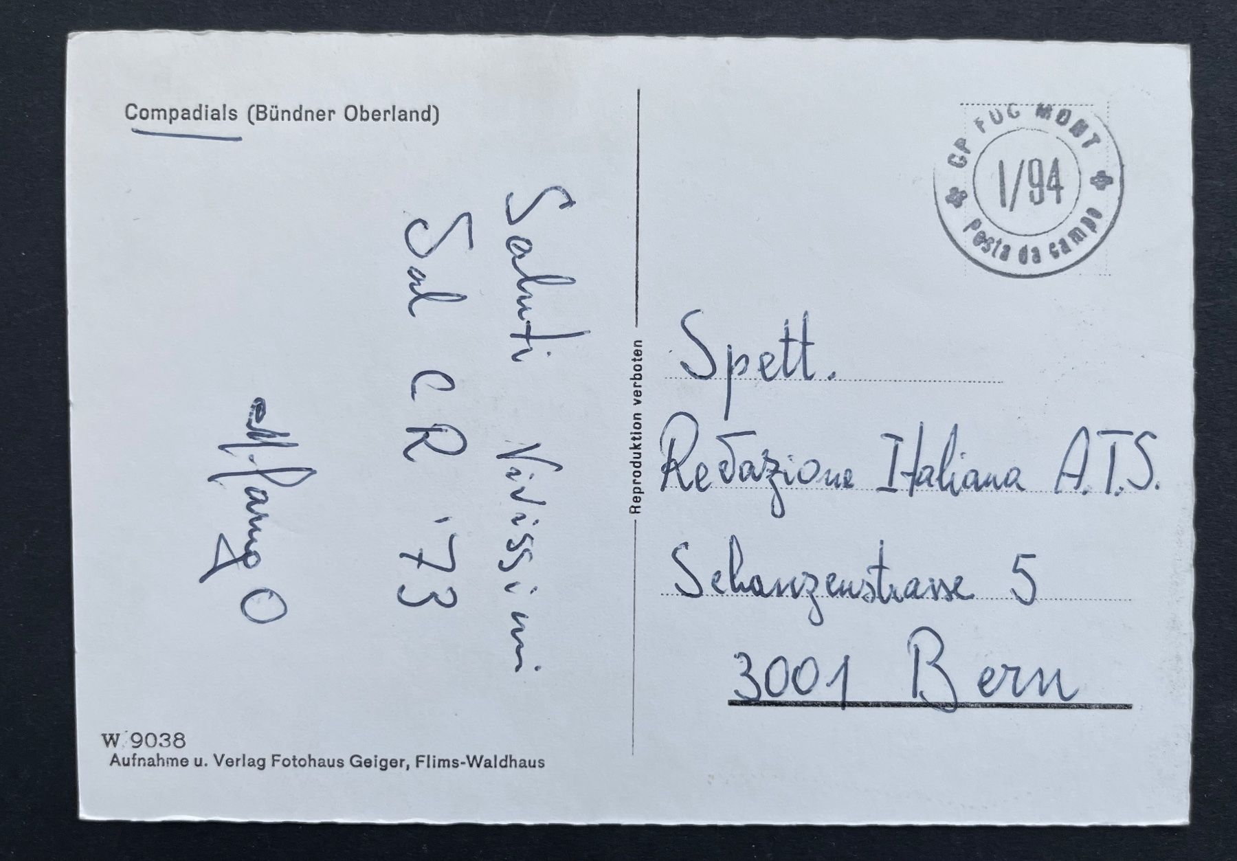 Cartoline postali: Compadials (Bündner Oberland), ca 1960 – Usato da Ostermundigen venduto da DaxKarten-75 1