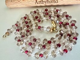 Feine Vintage Edelsteinkette Granat & Rauchquarz Silber 925