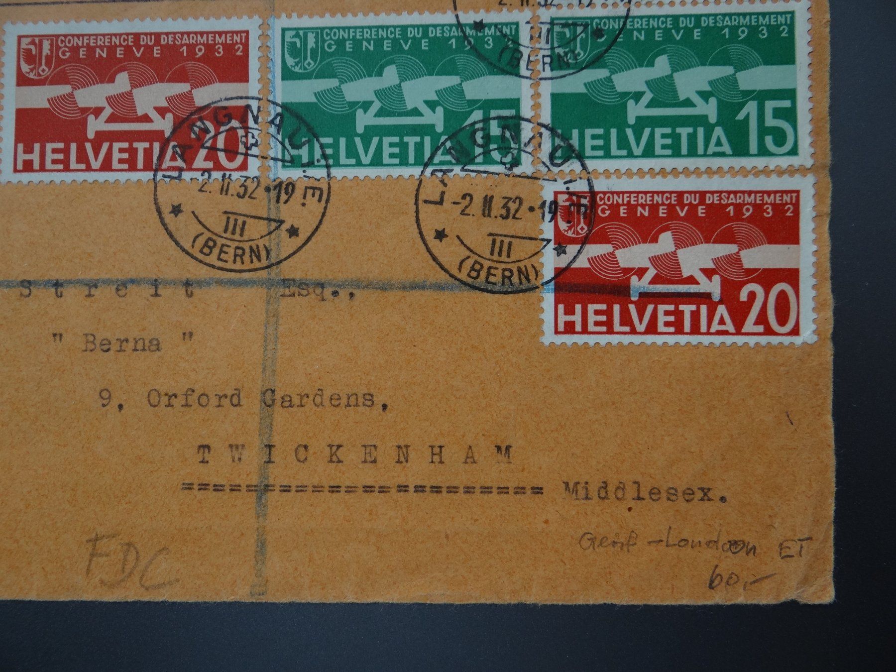 Tutti i francobolli: Flugpost FDC 2.2.1932 Briefvorderseite nach England – Usato da Kriens venduto da Na4 2