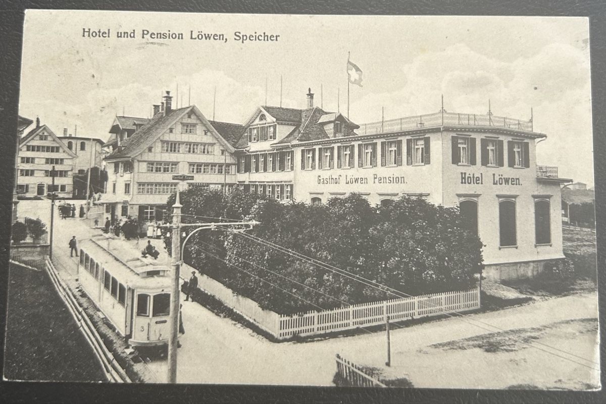 Ansichtskarten: Speicher Hotel Löwen mit Strassenbahn  – Gebraucht aus Horw von Tellbub