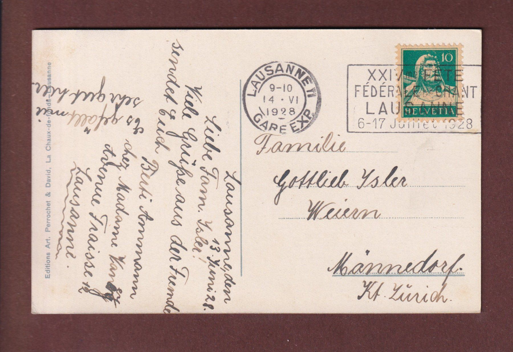 Ansichtskarten: LAUSANNE - Fontaine de la Palud - 1928 – Gebraucht aus Pully von nicecards 1