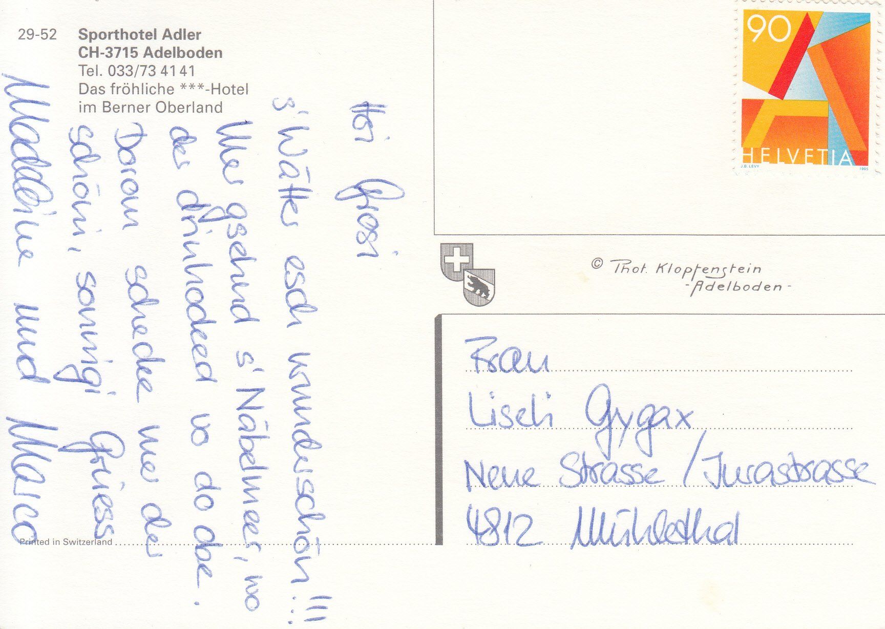 Ansichtskarten: Adelboden Adler 1995 – Gebraucht aus Bürglen TG von StampGraf 1