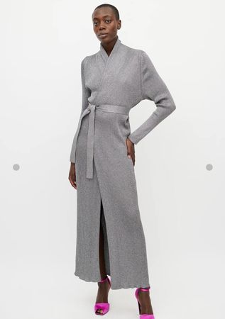 Balenciaga Metallic Silver Ribbed Knit Wrap Dress