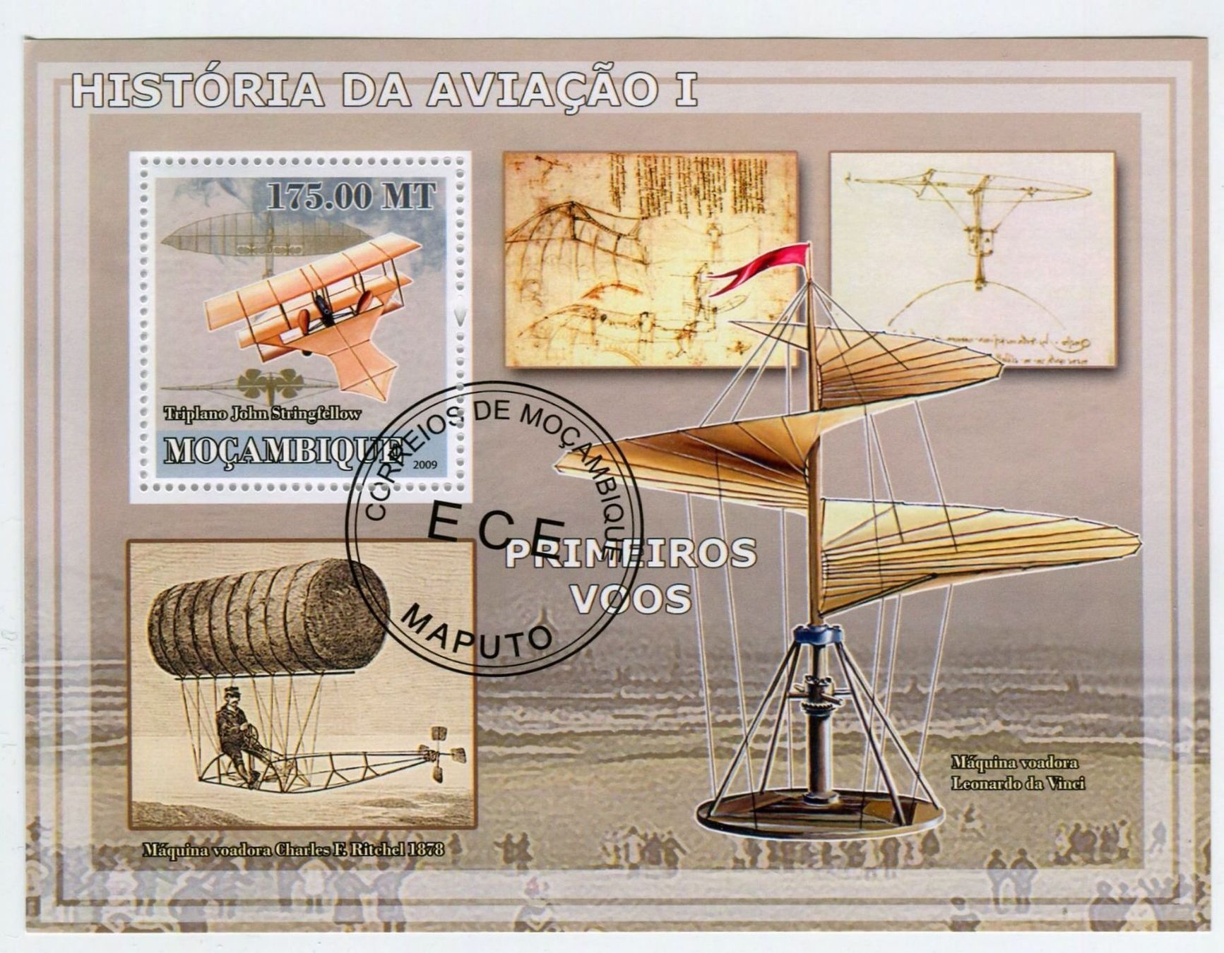 Tous les timbres: Flugzeug von Leonardo da Vinci, Stringfellows Flugmaschine. – Neuf avec emballage d'origine à Basel par Butsch5