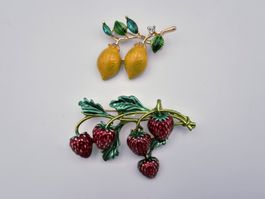 Lot 2 Broches Fruits Émaillées Citrons et Fraises