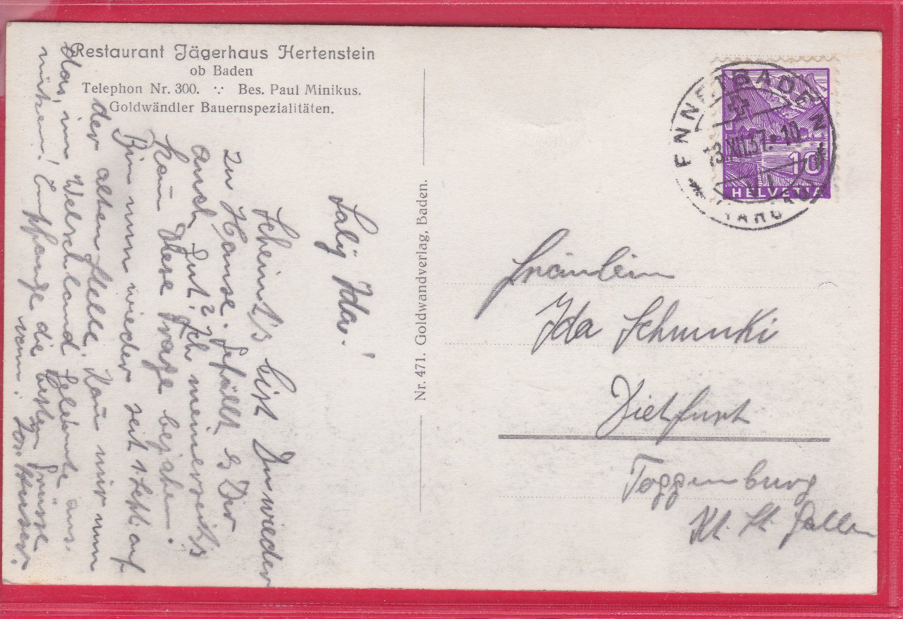 Cartoline postali: HERTENSTEIN, RESTAURANT JÄGERHAUS, 13.12.1937 – Usato da Oberrieden venduto da Gebirgsstelze 1