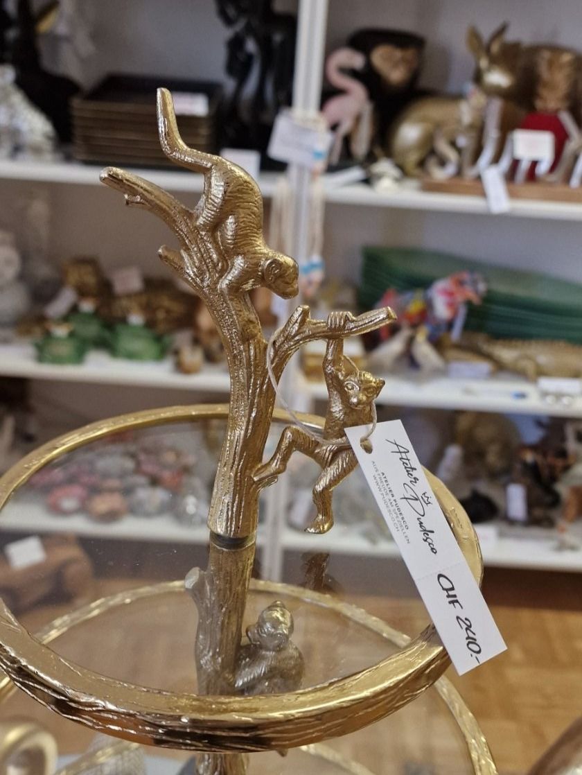 Piatti di portata: Etagere in Goldoptik mit kleinen Äffchen – Nuovo e nell'imballaggio originale da Schaffhausen venduto da AtelierPudesco 1