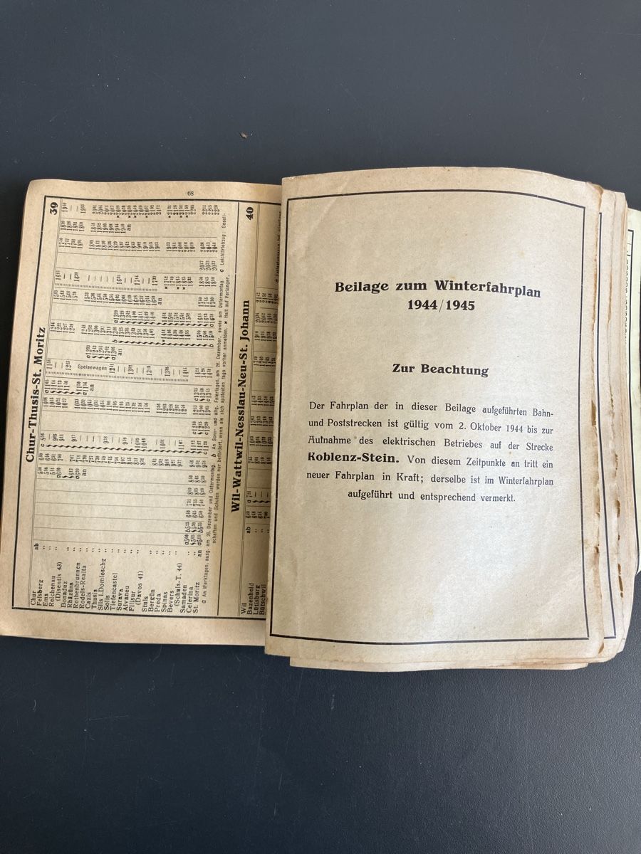 Dokumente: Alter Zugfahrplan Jahr 1944 – Gebraucht aus Aarburg von Wendepunkt_Fundgrube 3