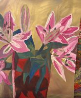 Blumenstillleben, gemalt, Lilien in Vase, Frühlingsdeko