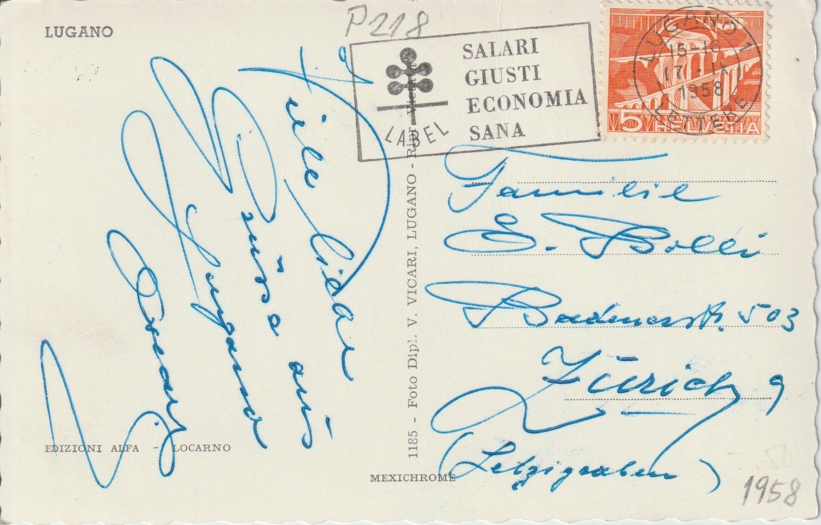Cartoline postali: P 218 Lugano, 1958 – Usato da Freienbach venduto da Bhaltis 1