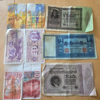 Set 9 Schweizer & Deutsche Banknoten, verschiedene Jahrgänge