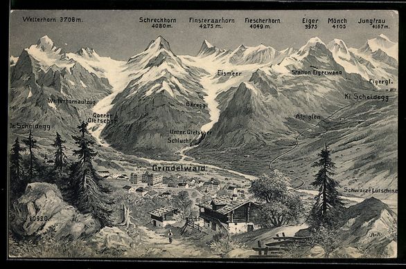 Cartoline postali: Grindelwald, Ortsansicht mit Eiger, Mön – Usato da Berlin venduto da bartko-reher