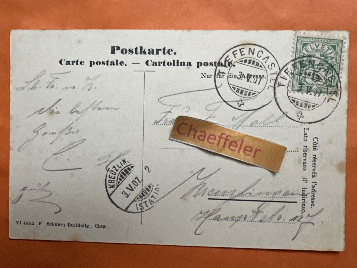 Cartoline postali: 1907 Chur – Usato da Zürich venduto da Chaeffeler 1