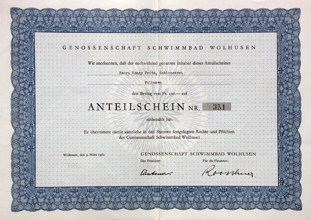 Dokumente: Genossenschaft Schwimmbad Wolhusen - 1962 – Gebraucht aus Solothurn von Sgasche