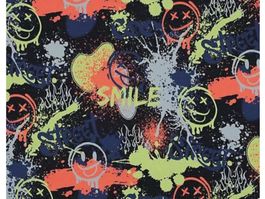 Baumwolljersey Neon Graffity Smiley - indigoblau meliert
