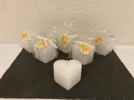 Herz-Kerzen verpackt, 6 Stück, weiss Raureif, ca. 7x8x5 cm