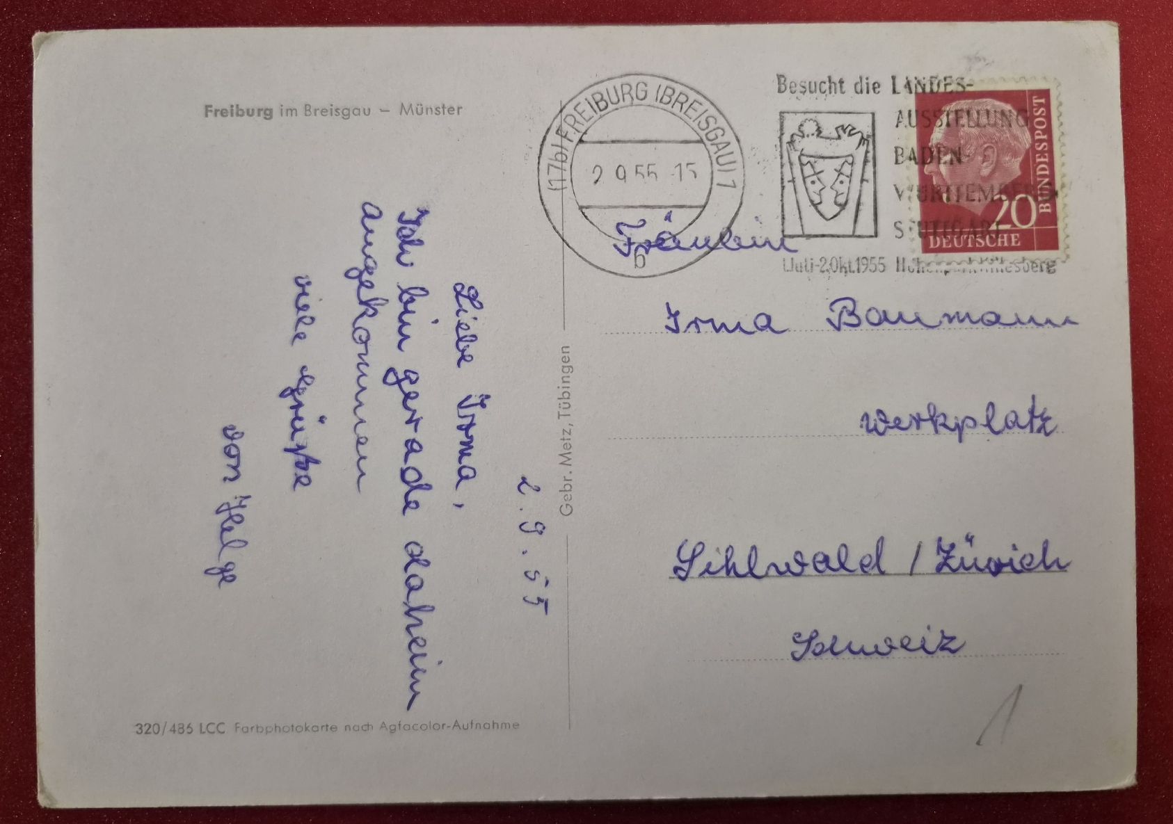 Ansichtskarten: Freiburg im Breisgau - Münster 1955 – Gebraucht aus Melchnau von Fishel 1