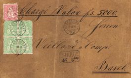 1876: Sitz. Helvetia 25 Rp. grün im Viererblock auf Vorders.