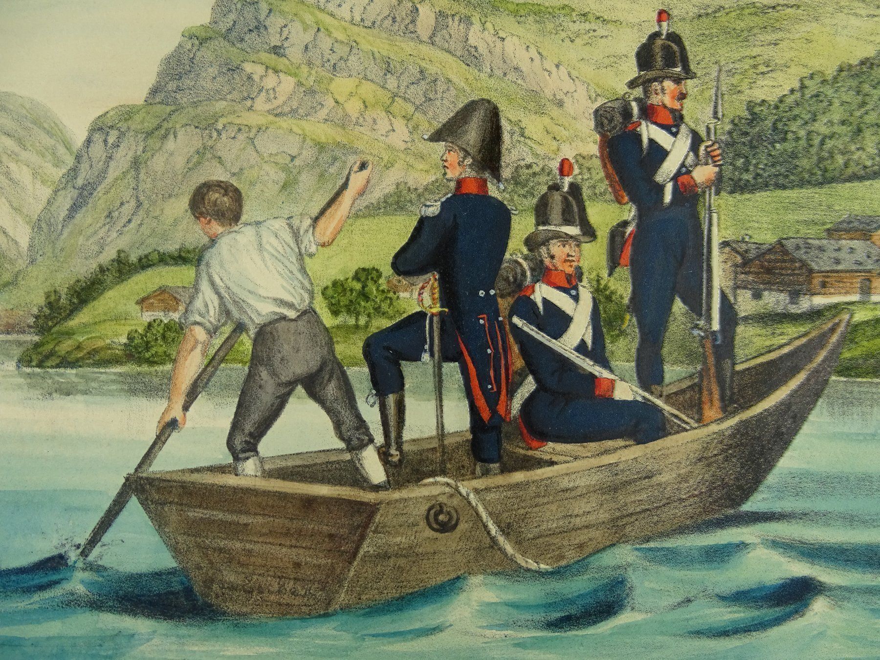 Grafica & Litografie: UNTERWADNER MILIZEN LITHOGRAPHIE UM 1890 – Usato da Grüningen venduto da Kartensammler 2
