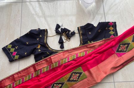 indischer/tamilischer Sari, Dunkelblau/Pink