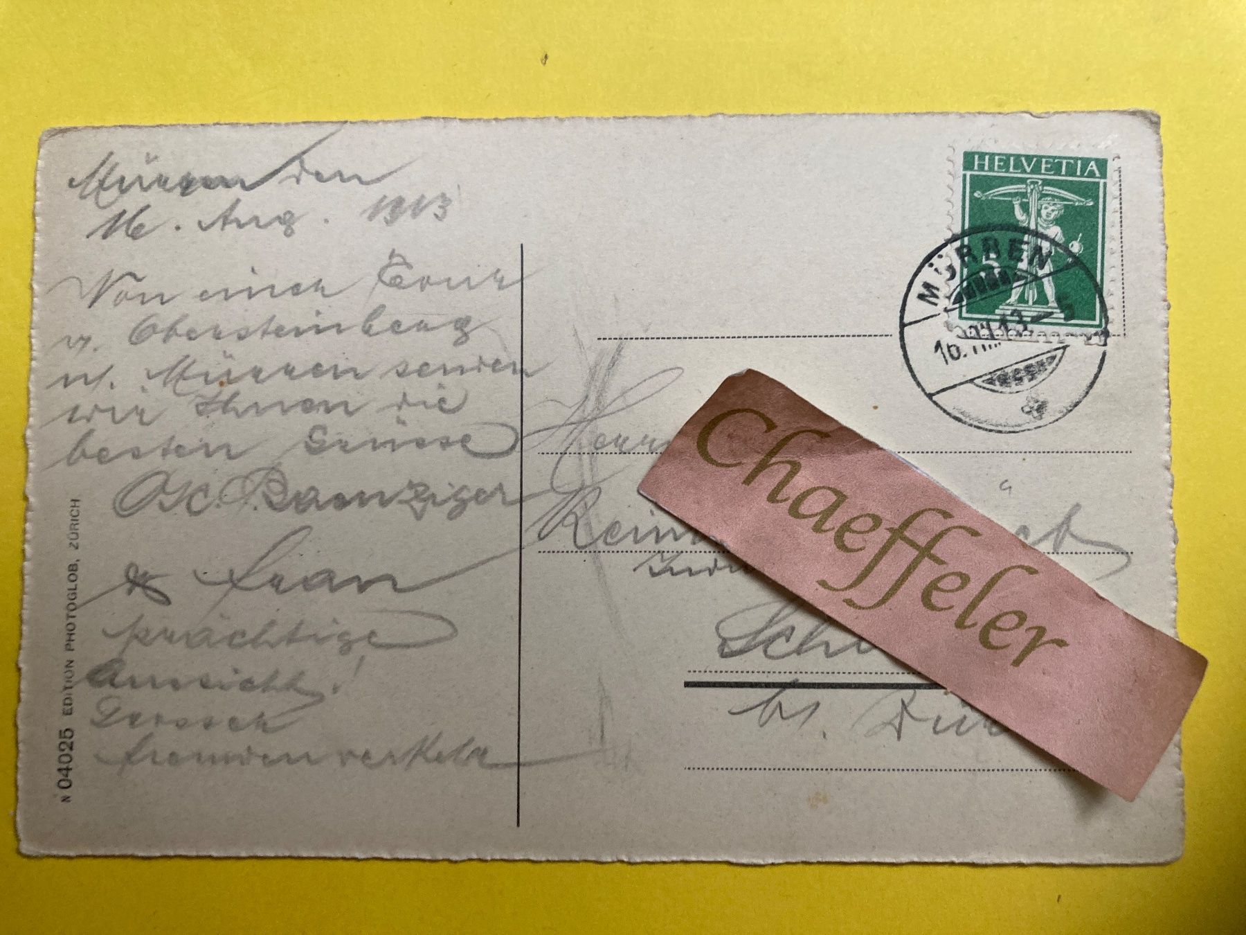 Ansichtskarten: 1913 Mürren mit Eiger, Mönch und Jungfrau – Gebraucht aus Zürich von Chaeffeler 1