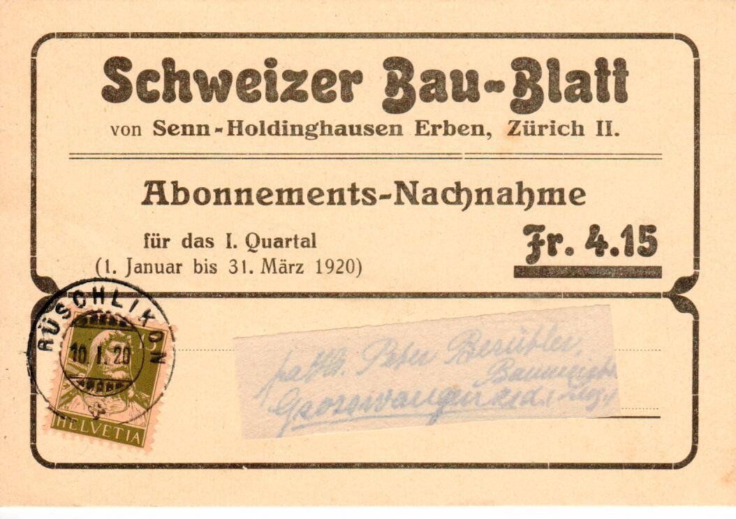 Tutti i francobolli: PK, NN  Schweizer Bau-Blatt Rüschlikon – Usato da Wolhusen venduto da Curver9