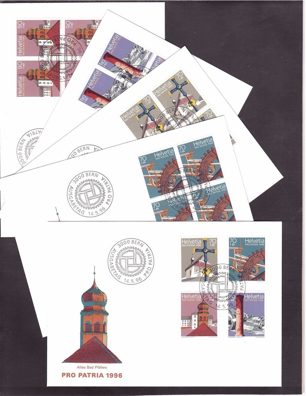 Alle Briefmarken: 1996  Pro Patria 1 FDC + 4 FDC 4er – Neu (gemäss Beschreibung) aus Rheinau von loxis