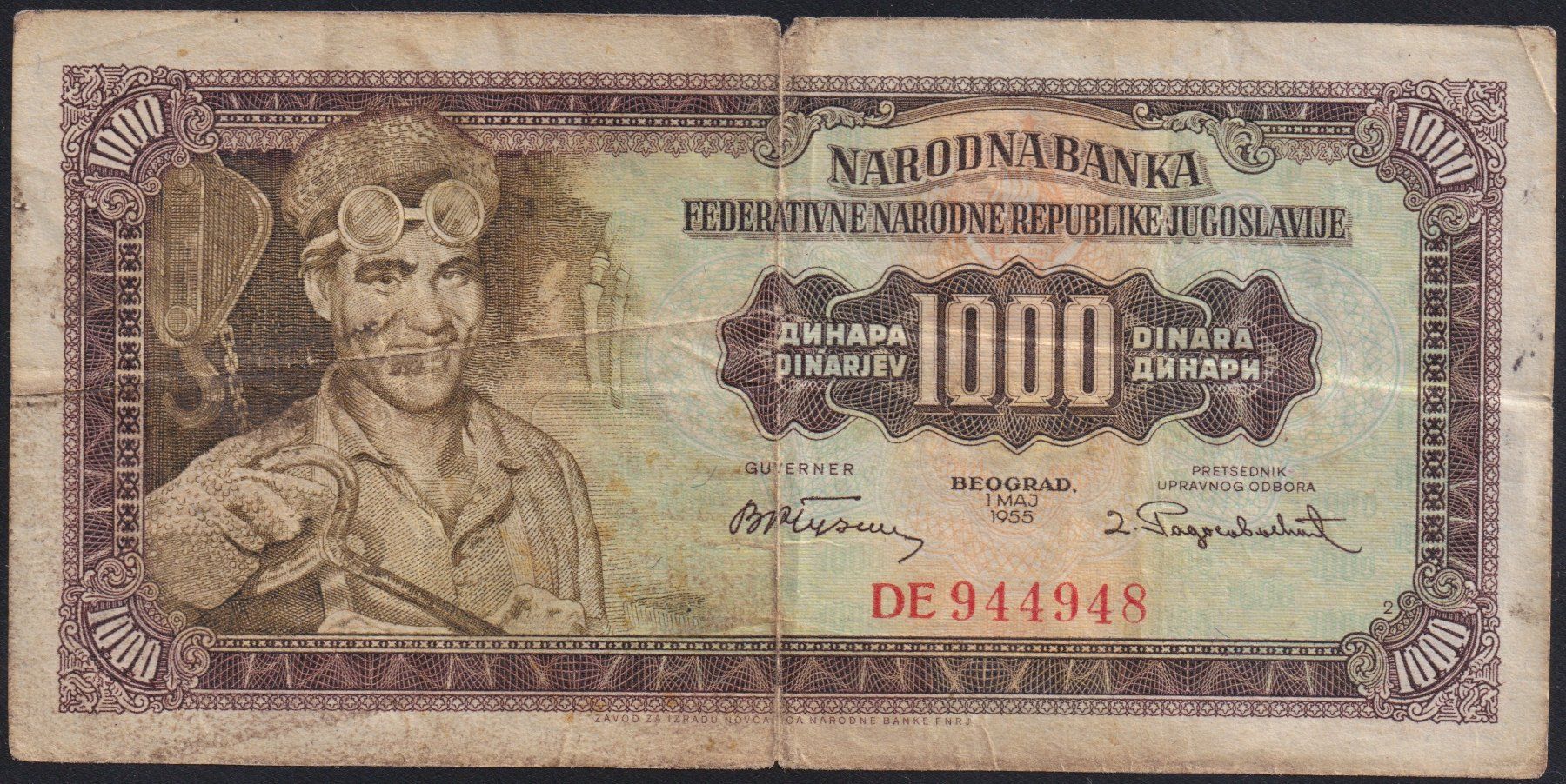 Banknoten: Jugoslawien 1000 Dinara 1955 – Gebraucht aus Brugg AG von banknoten_muesli