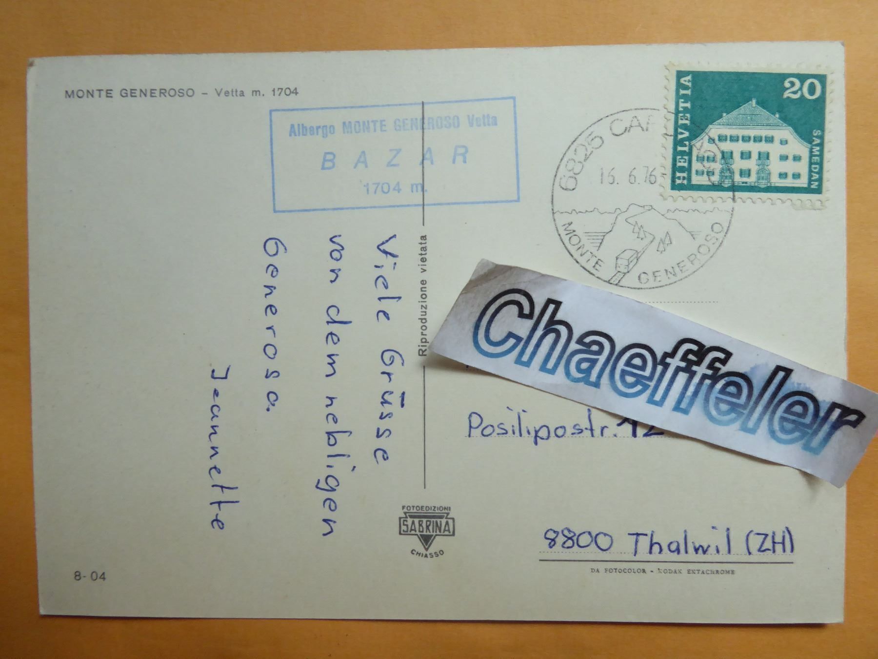Cartoline postali: 1976 Monte Generoso - Vetta – Usato da Zürich venduto da Chaeffeler 1