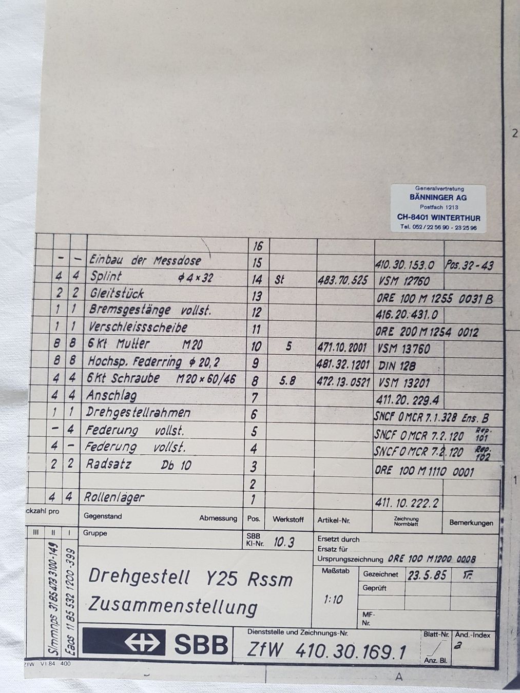 SBB/CFF/FFS Modelleisenbahnen: Plan des SBB Drehgestells Y 25 – Gebraucht aus Luzern von inca55